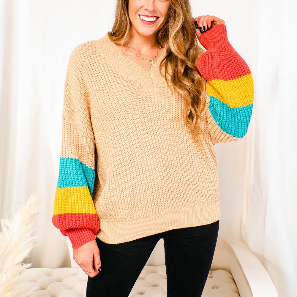 Retro Oversized Striped V-Neck Knit Sweater | Tan Colorblock Pullover | M/L